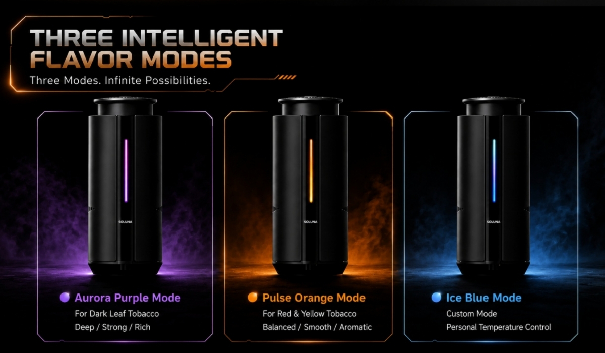 Три режими електронної чаші Soluna X1 — Aurora Purple для темного тютюну, Pulse Orange для світлого, Ice Blue кастомний